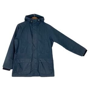 BARBOUR Jacket Men L Navy England Downpour-Style Waxed-Cotton Hoodie Zip Lined
